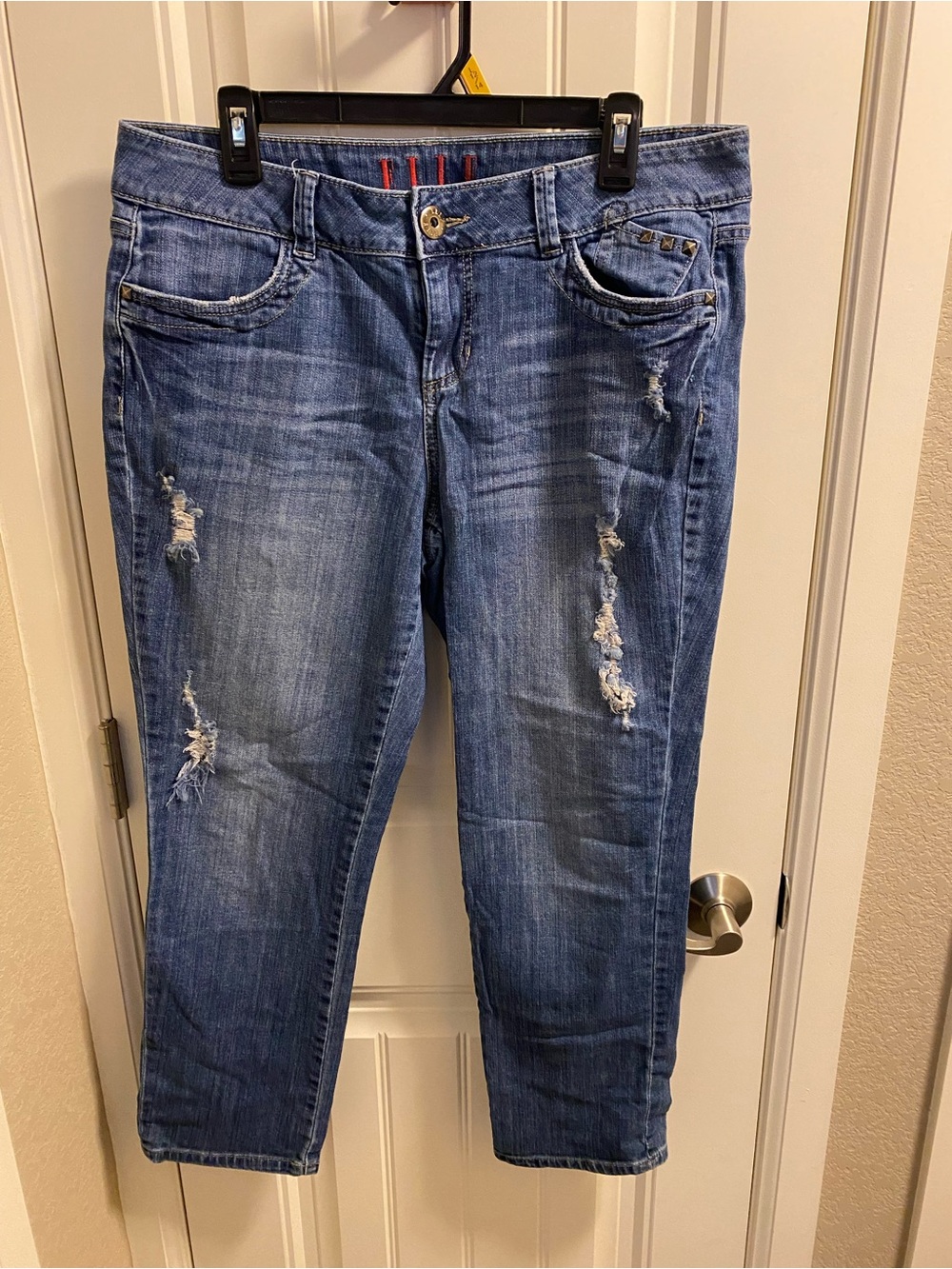 Elle 14 Jeans Cropped Ankle Length Stretch Blue Denim Factory Scoring